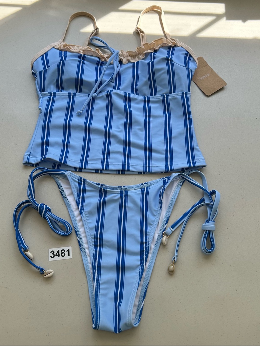 Samiol Tankini Bikini Set Small Blue Striped Contrast New